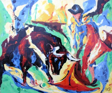Painting titled "Mouvement de corrida" by Jean-Luc Lopez, Original Artwork, Oil Mounted on Wood Stretcher frame
