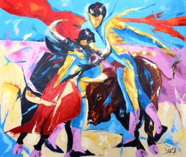 Painting titled "Corrida" by Jean-Luc Lopez, Original Artwork, Oil Mounted on Wood Stretcher frame