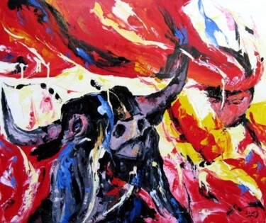 Peinture intitulée "Corrida en rouge et…" par Jean-Luc Lopez, Œuvre d'art originale, Huile Monté sur Châssis en bois