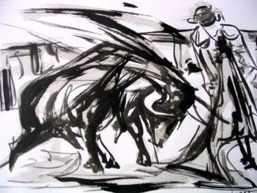 Schilderij getiteld "280 corrida" door Jean-Luc Lopez, Origineel Kunstwerk, Inkt