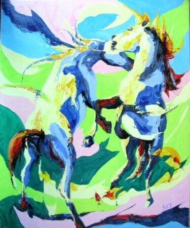 Painting titled "Chevaux sauvages" by Jean-Luc Lopez, Original Artwork, Acrylic Mounted on Wood Stretcher frame