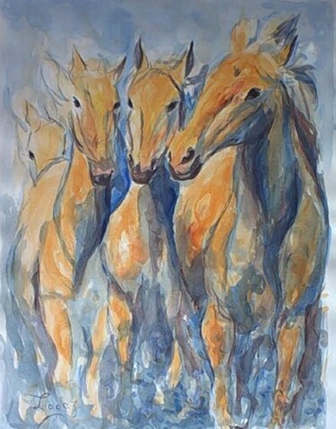 Painting titled "91 - Les chevaux de…" by Jean-Luc Lopez, Original Artwork, Oil