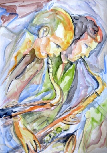 Painting titled "229 - Duo de jazz" by Jean-Luc Lopez, Original Artwork, Watercolor