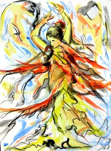 Pittura intitolato "94 - Flamenco" da Jean-Luc Lopez, Opera d'arte originale, Acquarello