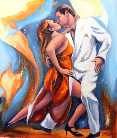 Painting titled "911 Tango en clair…" by Jean-Luc Lopez, Original Artwork, Oil Mounted on Wood Stretcher frame