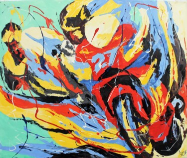 Painting titled "844 Tour de circuit" by Jean-Luc Lopez, Original Artwork, Oil Mounted on Wood Stretcher frame