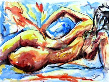 Painting titled "109 Dos nu" by Jean-Luc Lopez, Original Artwork, Watercolor