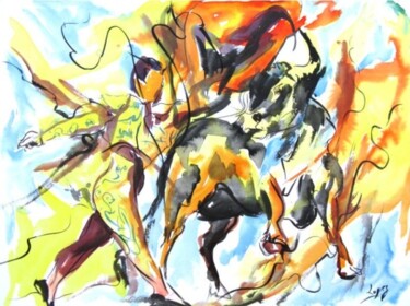Painting titled "108 - Corrida" by Jean-Luc Lopez, Original Artwork, Watercolor