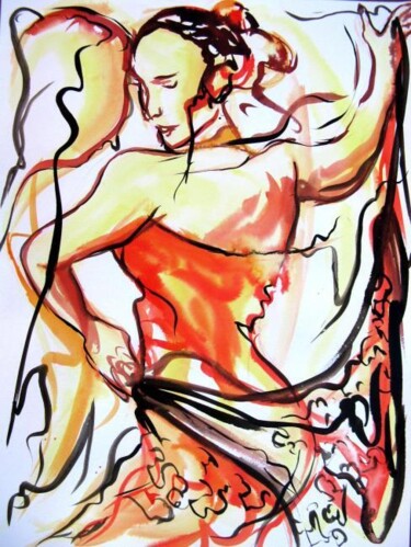 Peinture intitulée "124 Flamenco au fou…" par Jean-Luc Lopez, Œuvre d'art originale, Aquarelle