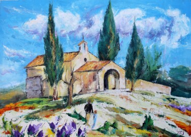 Painting titled "Chapelle Saint-Sixte" by Jean-Luc Lopez, Original Artwork, Oil Mounted on Wood Stretcher frame
