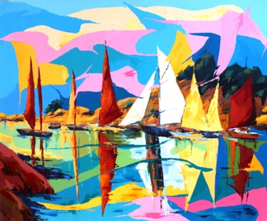Painting titled "446 Voiles au port" by Jean-Luc Lopez, Original Artwork, Acrylic Mounted on Wood Stretcher frame