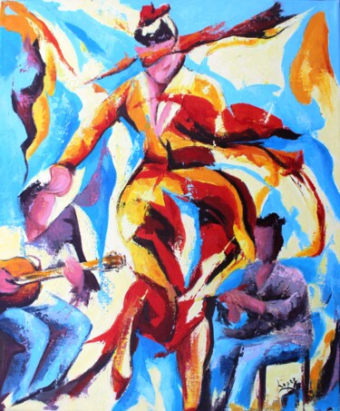 Painting titled "921 Guitares au fla…" by Jean-Luc Lopez, Original Artwork, Acrylic Mounted on Wood Stretcher frame