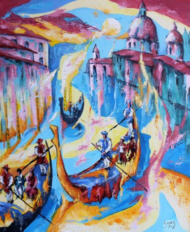 Painting titled "Gondoles a Venise" by Jean-Luc Lopez, Original Artwork, Acrylic Mounted on Wood Stretcher frame