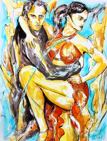 Pintura titulada "174 Tango en rouge…" por Jean-Luc Lopez, Obra de arte original, Acuarela