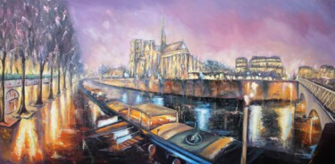 Картина под названием "Bord de Seine sur N…" - Jean-Luc Lopez, Подлинное произведение искусства, Масло Установлен на Деревян…