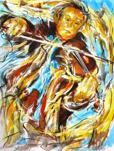 Pittura intitolato "Violoniste en mouve…" da Jean-Luc Lopez, Opera d'arte originale, Olio