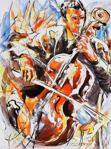Schilderij getiteld "264 Violoncelle" door Jean-Luc Lopez, Origineel Kunstwerk, Aquarel