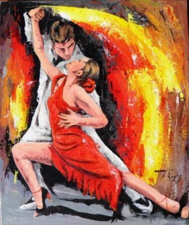 Ζωγραφική με τίτλο "Tango enflammé" από Jean-Luc Lopez, Αυθεντικά έργα τέχνης, Ακρυλικό Τοποθετήθηκε στο Ξύλινο φορείο σκελε…