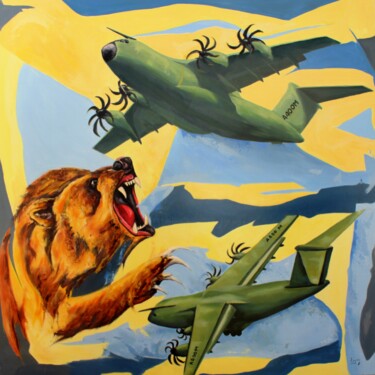 Painting titled "A400M vol de grizzl…" by Jean-Luc Lopez, Original Artwork, Acrylic Mounted on Wood Stretcher frame