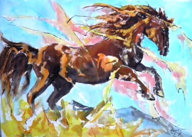 Painting titled "Etalon dans champ d…" by Jean-Luc Lopez, Original Artwork, Watercolor