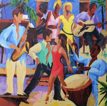 Painting titled "513 Havana café" by Jean-Luc Lopez, Original Artwork, Acrylic Mounted on Wood Stretcher frame