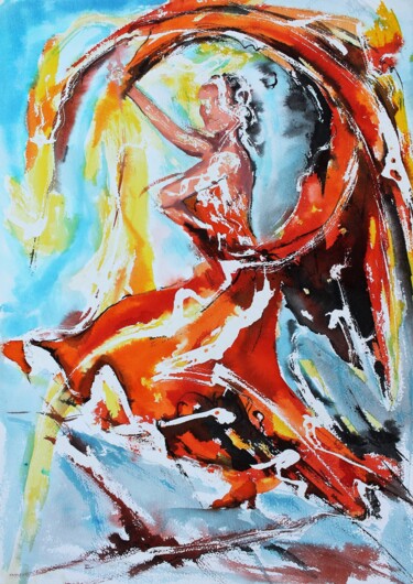Painting titled "265 Flamenco rouge" by Jean-Luc Lopez, Original Artwork, Watercolor