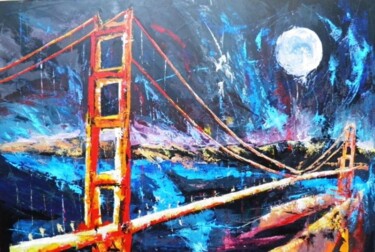 Schilderij getiteld "Golden Gate de nuit" door Jean-Luc Lopez, Origineel Kunstwerk, Olie