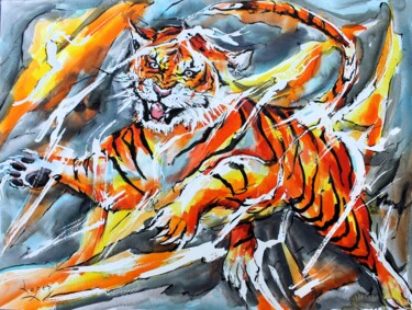 Peinture intitulée "269 Attaque de tigre" par Jean-Luc Lopez, Œuvre d'art originale, Encre
