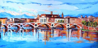 Painting titled "748 Pont neuf de To…" by Jean-Luc Lopez, Original Artwork, Oil Mounted on Wood Stretcher frame