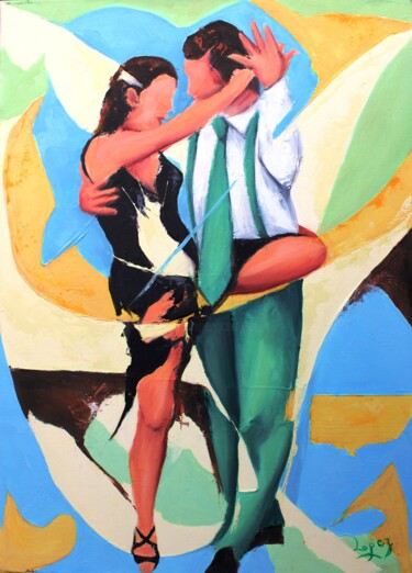 Painting titled "Tango en vert et no…" by Jean-Luc Lopez, Original Artwork, Acrylic Mounted on Wood Stretcher frame