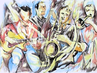 Painting titled "155 Quartet en musi…" by Jean-Luc Lopez, Original Artwork, Watercolor