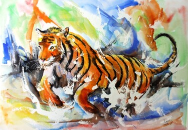 Painting titled "Riziere de tigre" by Jean-Luc Lopez, Original Artwork, Ink