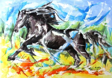 Peinture intitulée "Cheval noir dans pr…" par Jean-Luc Lopez, Œuvre d'art originale, Encre