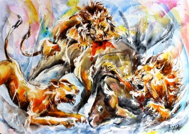 Pintura titulada "Félins en chasse" por Jean-Luc Lopez, Obra de arte original, Tinta