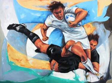 Schilderij getiteld "Rugby Black and Whi…" door Jean-Luc Lopez, Origineel Kunstwerk, Olie