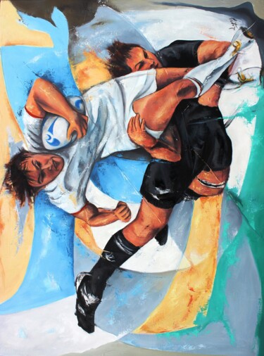 Painting titled "Rugby Black and Whi…" by Jean-Luc Lopez, Original Artwork, Oil