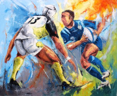 Painting titled "Cadrage de rugby à…" by Jean-Luc Lopez, Original Artwork, Oil Mounted on Wood Stretcher frame