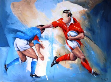 Painting titled "Derby de rugby" by Jean-Luc Lopez, Original Artwork, Oil Mounted on Wood Stretcher frame