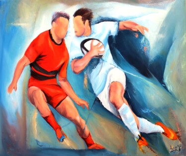Painting titled "Rugby Métro en Rade" by Jean-Luc Lopez, Original Artwork, Oil Mounted on Wood Stretcher frame