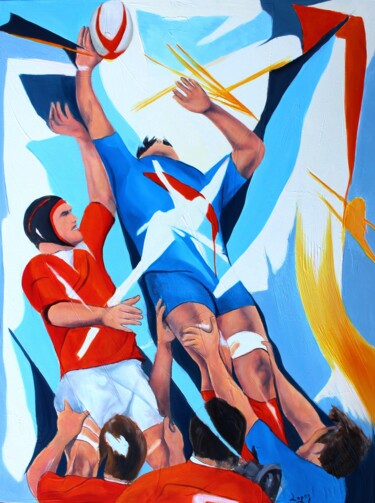 Painting titled "Rugby France -Galles" by Jean-Luc Lopez, Original Artwork, Oil Mounted on Wood Stretcher frame
