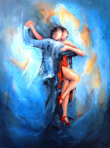 Painting titled "Tango bleu nuit" by Jean-Luc Lopez, Original Artwork, Oil Mounted on Wood Stretcher frame