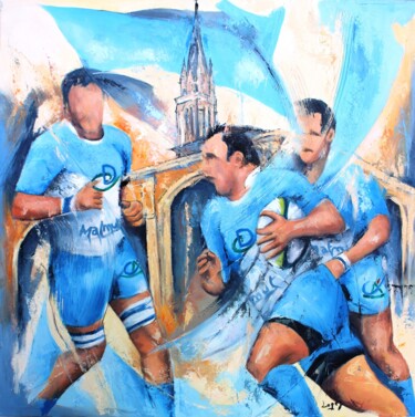 Painting titled "Rugby à Valence d'A…" by Jean-Luc Lopez, Original Artwork, Oil Mounted on Wood Stretcher frame