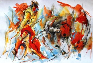 Schilderij getiteld "Sang de corrida" door Jean-Luc Lopez, Origineel Kunstwerk, Aquarel