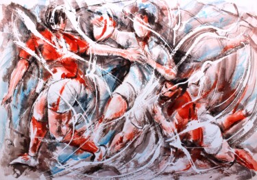 Pintura intitulada "318 Rugby en rouge…" por Jean-Luc Lopez, Obras de arte originais, Aquarela
