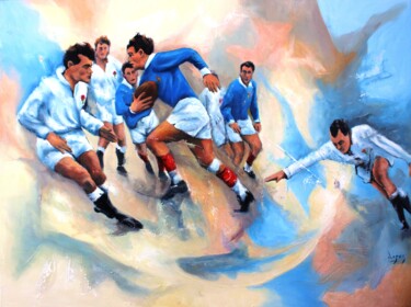 Painting titled "Nostalgie du rugby…" by Jean-Luc Lopez, Original Artwork, Oil Mounted on Wood Stretcher frame