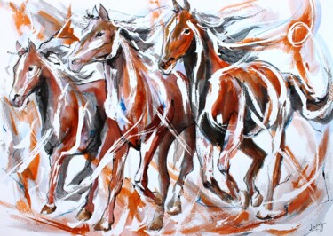 Painting titled "Course d' étalons" by Jean-Luc Lopez, Original Artwork, Ink