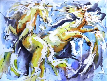 Peinture intitulée "Ballet d' étalons" par Jean-Luc Lopez, Œuvre d'art originale, Encre
