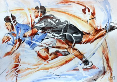Painting titled "Essai de rugby" by Jean-Luc Lopez, Original Artwork, Ink