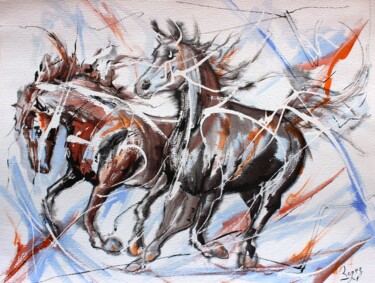 Peinture intitulée "Étalons en course" par Jean-Luc Lopez, Œuvre d'art originale, Encre