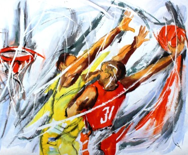 Painting titled "359 Basket d attaque" by Jean-Luc Lopez, Original Artwork, Ink Mounted on Wood Stretcher frame